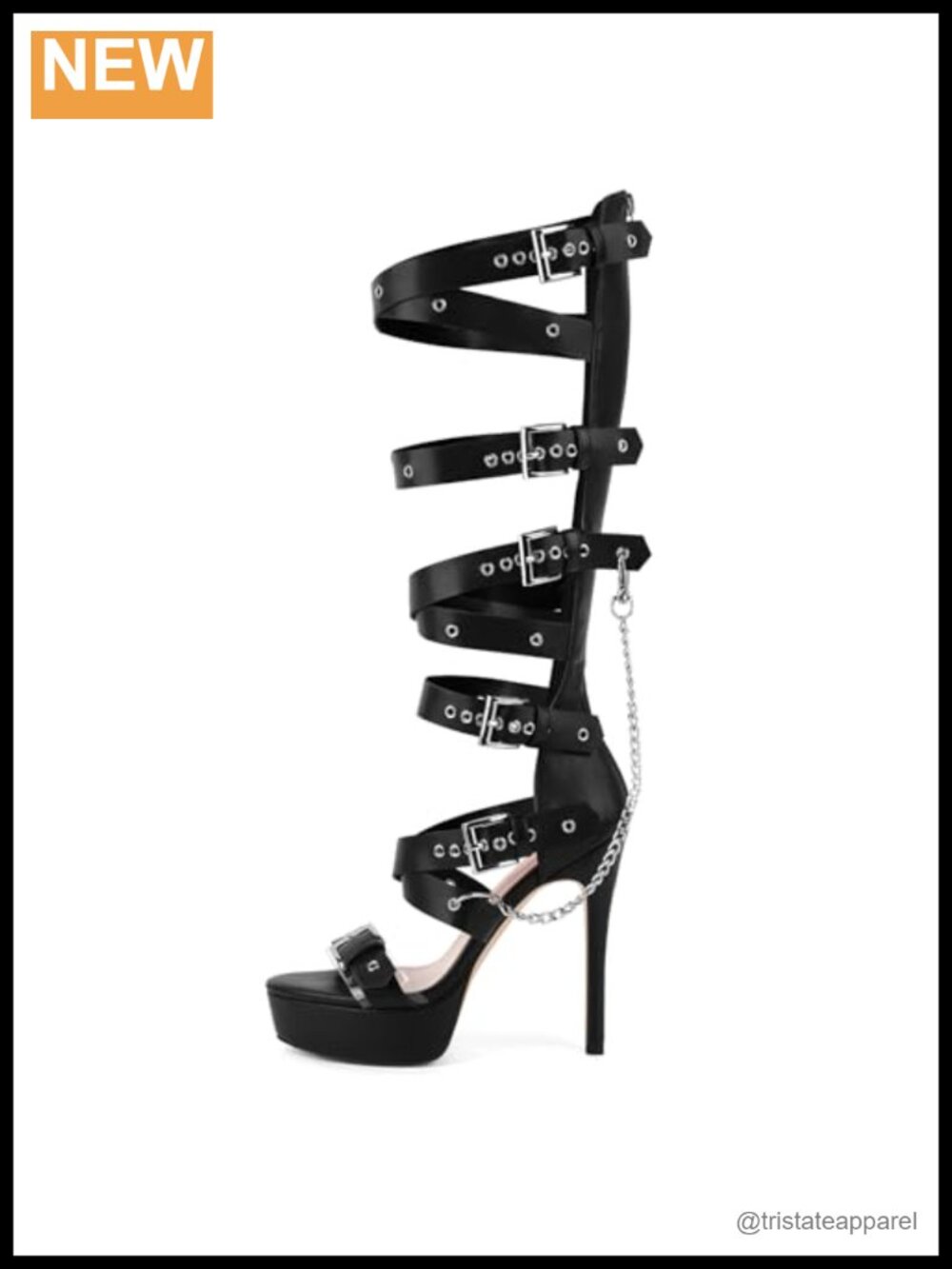 Knee High Gladiator Sandals Stiletto Heels Chain Platform Strappy Eyelets